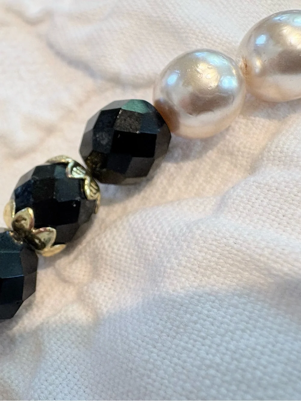 Vintage Czech glass bead Pearl Black Faceted Bead Necklace 24” NWT